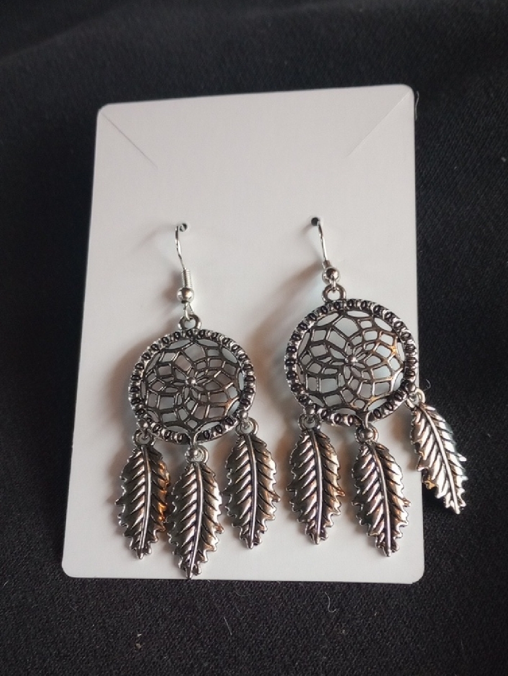 Hand Crafted Silver Dreamcatcher Feather Dangle Earrings